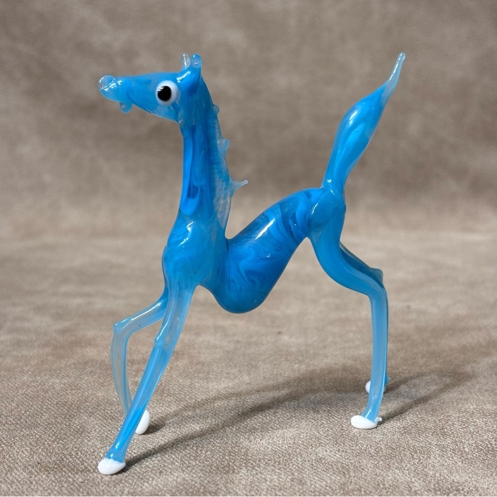 Vintage Blue Horse Art Glass Figurine - Hand Blown - Murano Style - Japan